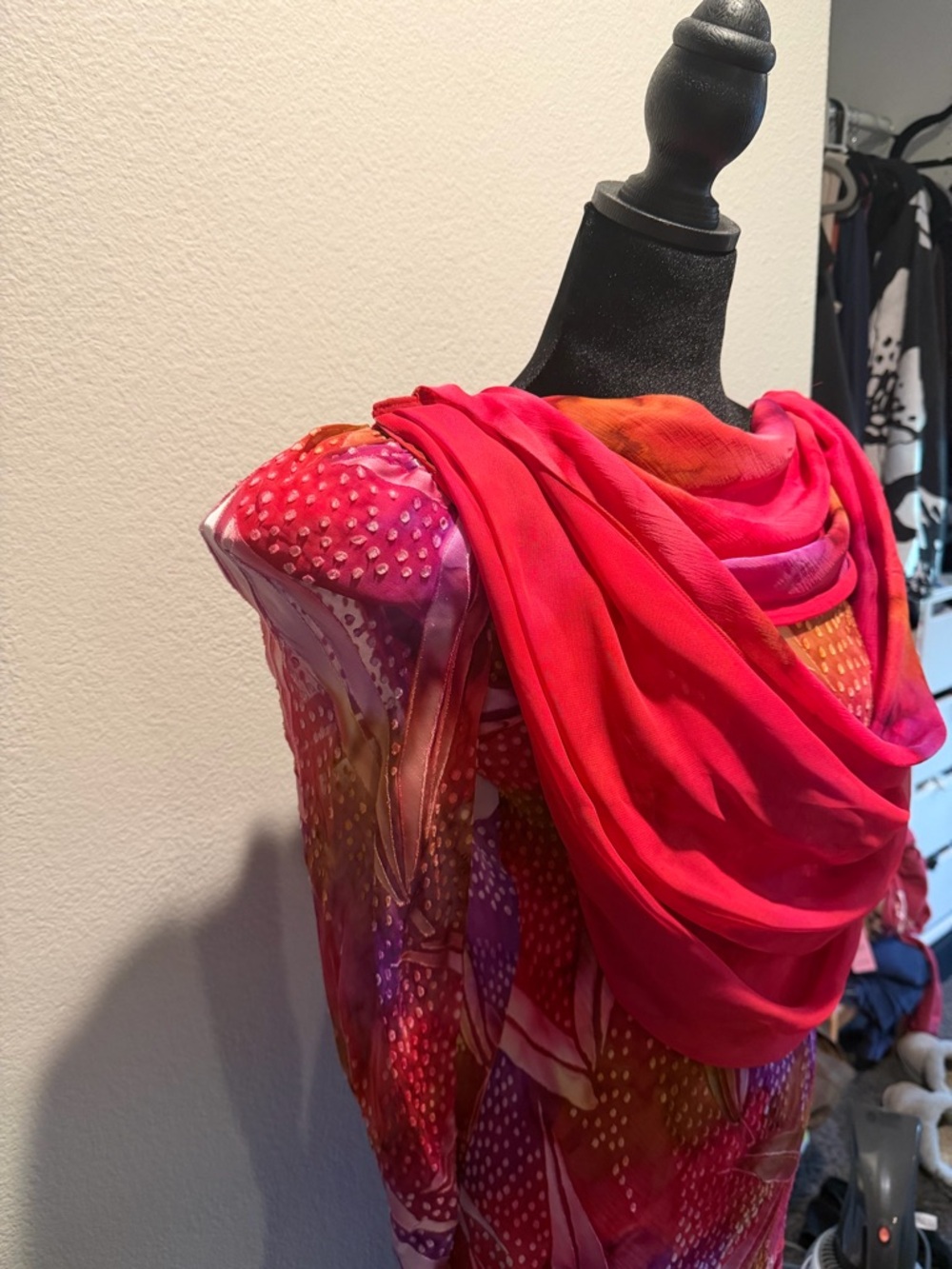 Vintage Judy Hornby Couture Pink & Purple Printed Maxi Dress with Draped Scarf - Picture 5 of 10